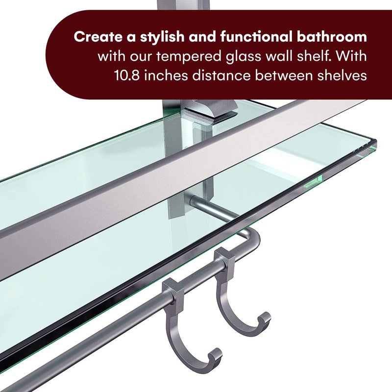 Vdomus Glass Bathroom Wall Organizer - 2-Tier Glass Shelf with Integrated Towel Bar - Wall Mounted Shower Storage - 15.2 by 5 inches - Brushed Silver Finish - Image 5